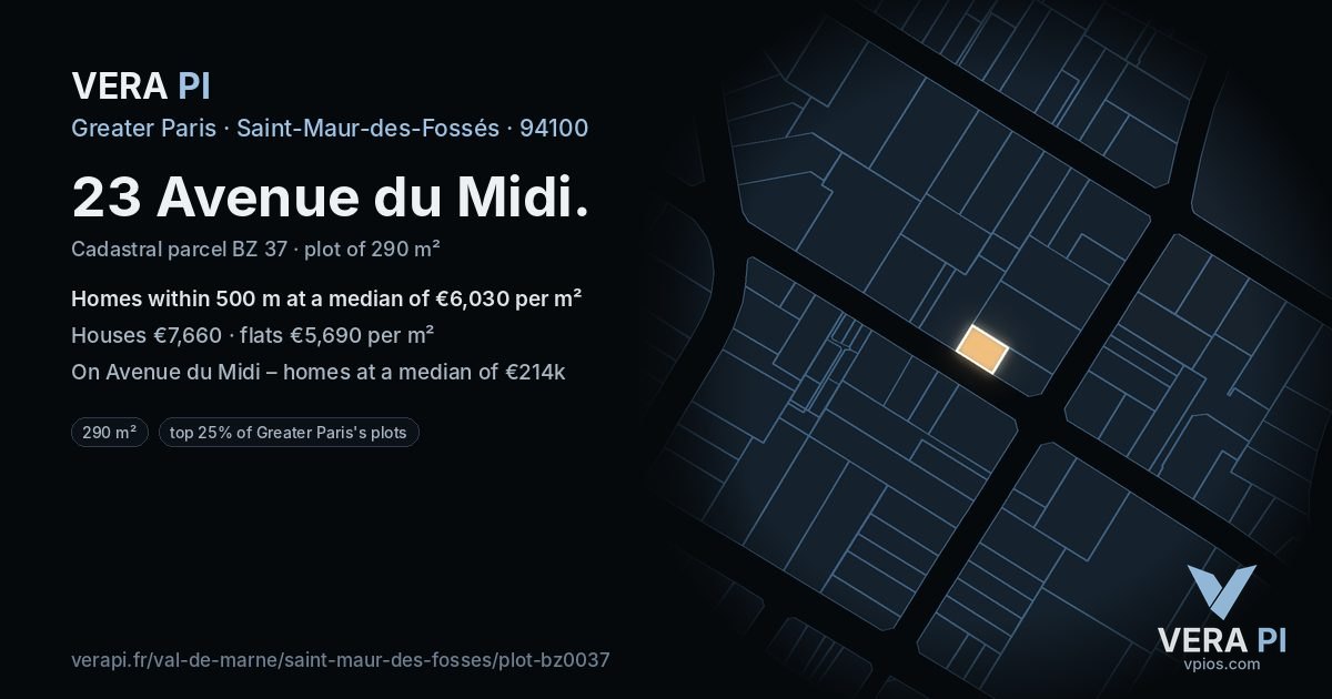 23 Avenue du Midi, Saint-Maur-des-Fossés at night – the plot lit, the parcels around coloured by the prices near them