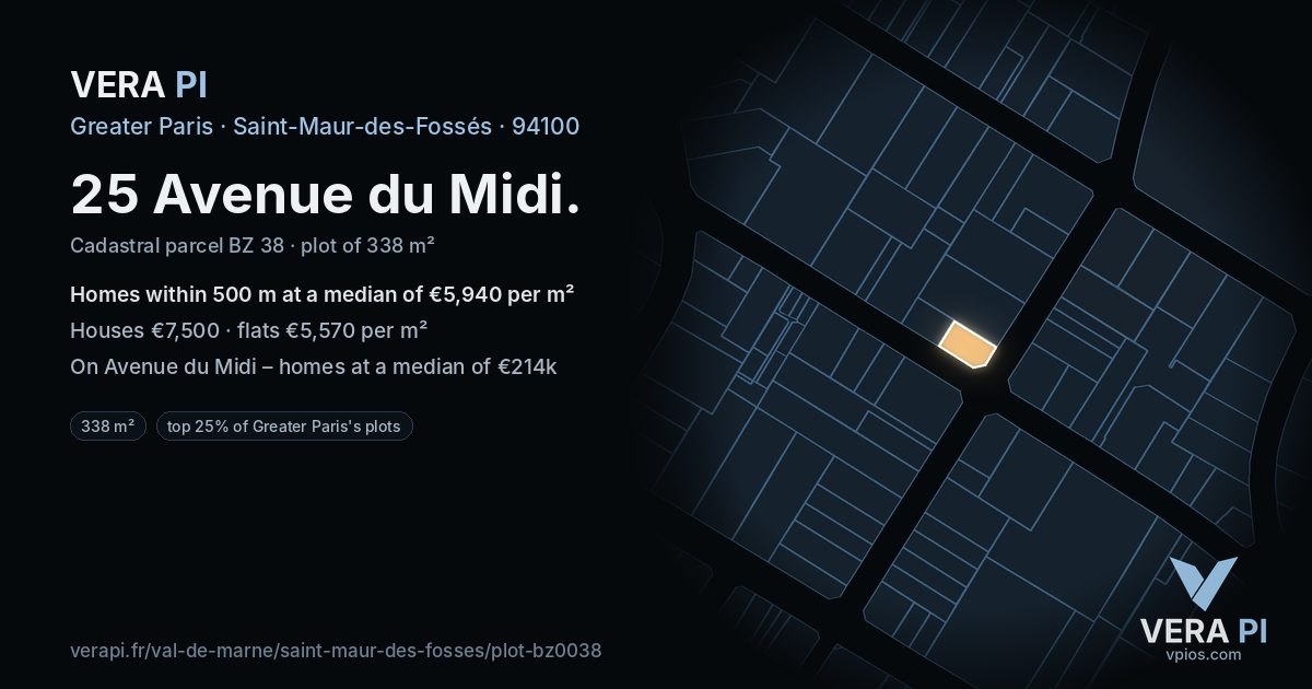 25 Avenue du Midi, Saint-Maur-des-Fossés at night – the plot lit, the parcels around coloured by the prices near them