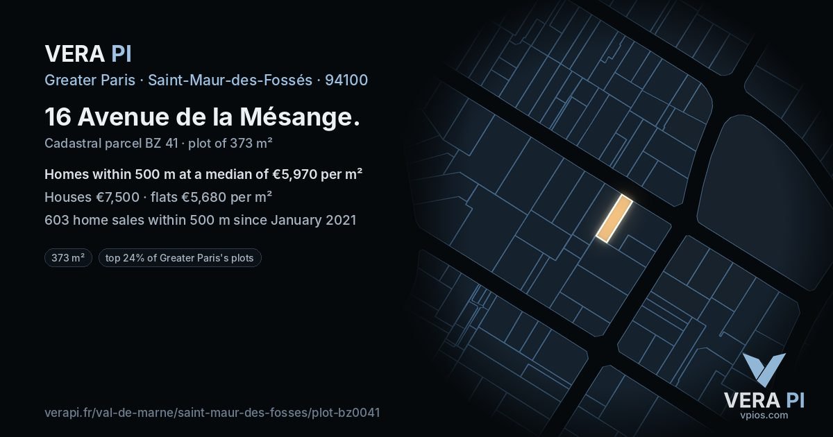 16 Avenue de la Mésange, Saint-Maur-des-Fossés at night – the plot lit, the parcels around coloured by the prices near them