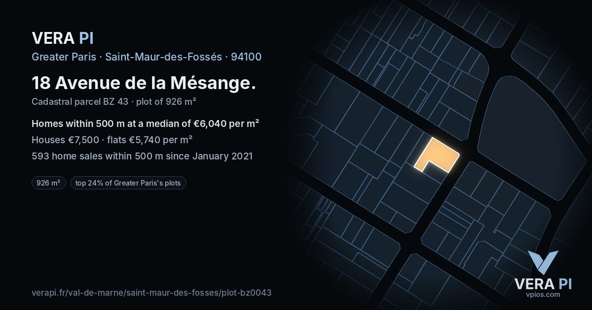 18 Avenue de la Mésange, Saint-Maur-des-Fossés at night – the plot lit, the parcels around coloured by the prices near them