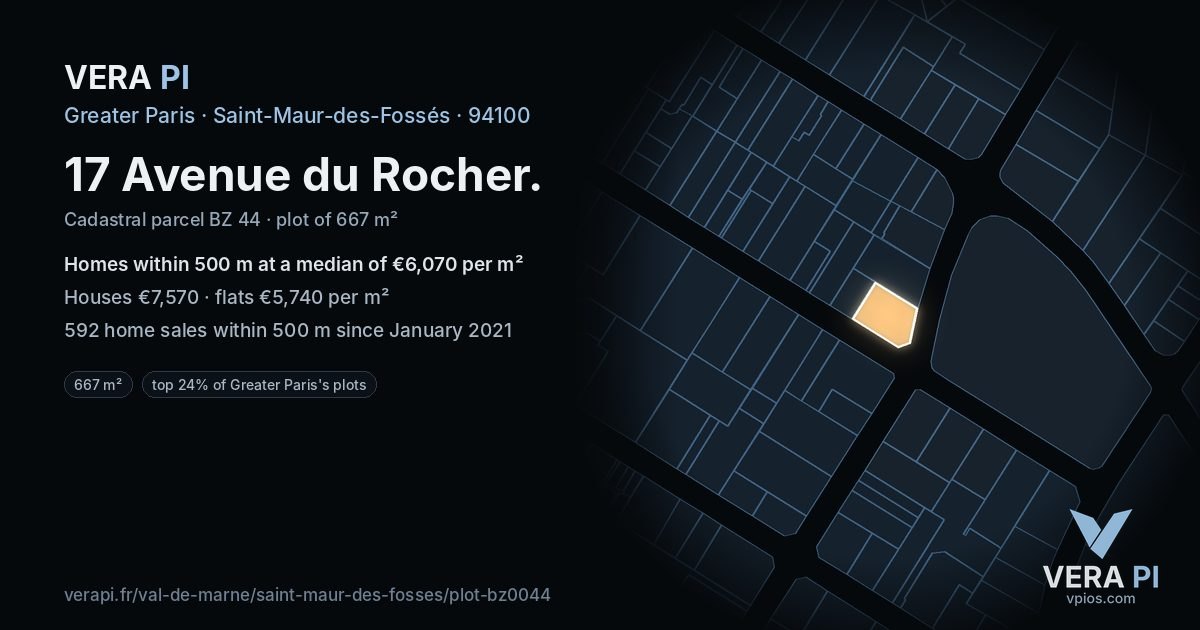 17 Avenue du Rocher, Saint-Maur-des-Fossés at night – the plot lit, the parcels around coloured by the prices near them