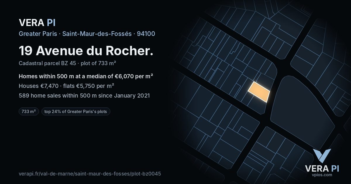 19 Avenue du Rocher, Saint-Maur-des-Fossés at night – the plot lit, the parcels around coloured by the prices near them