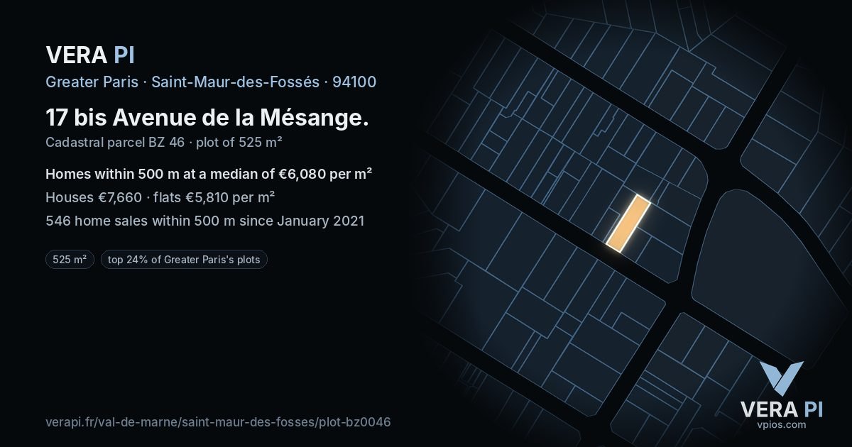 17 bis Avenue de la Mésange, Saint-Maur-des-Fossés at night – the plot lit, the parcels around coloured by the prices near them