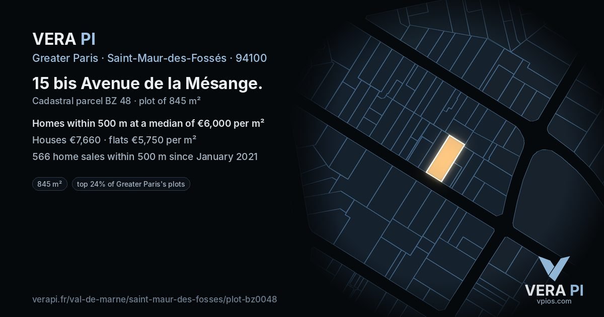 15 bis Avenue de la Mésange, Saint-Maur-des-Fossés at night – the plot lit, the parcels around coloured by the prices near them