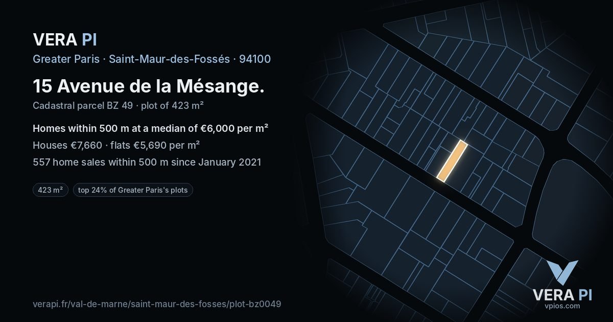 15 Avenue de la Mésange, Saint-Maur-des-Fossés at night – the plot lit, the parcels around coloured by the prices near them