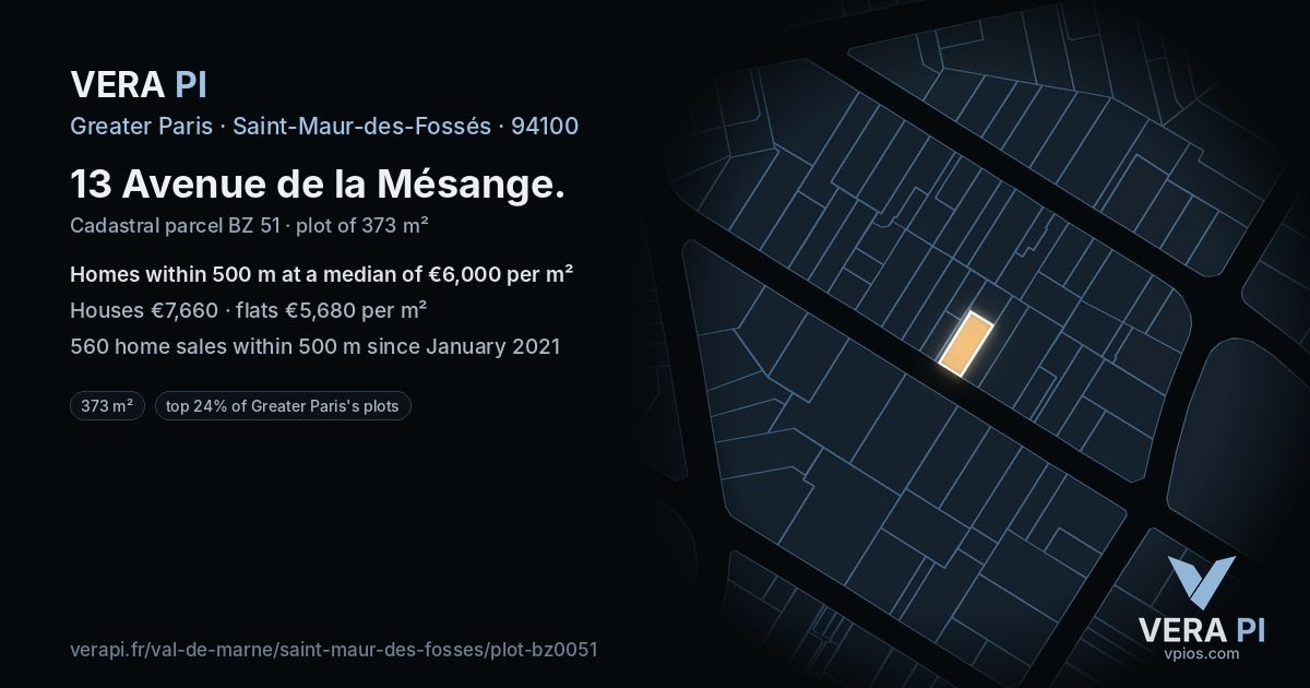13 Avenue de la Mésange, Saint-Maur-des-Fossés at night – the plot lit, the parcels around coloured by the prices near them