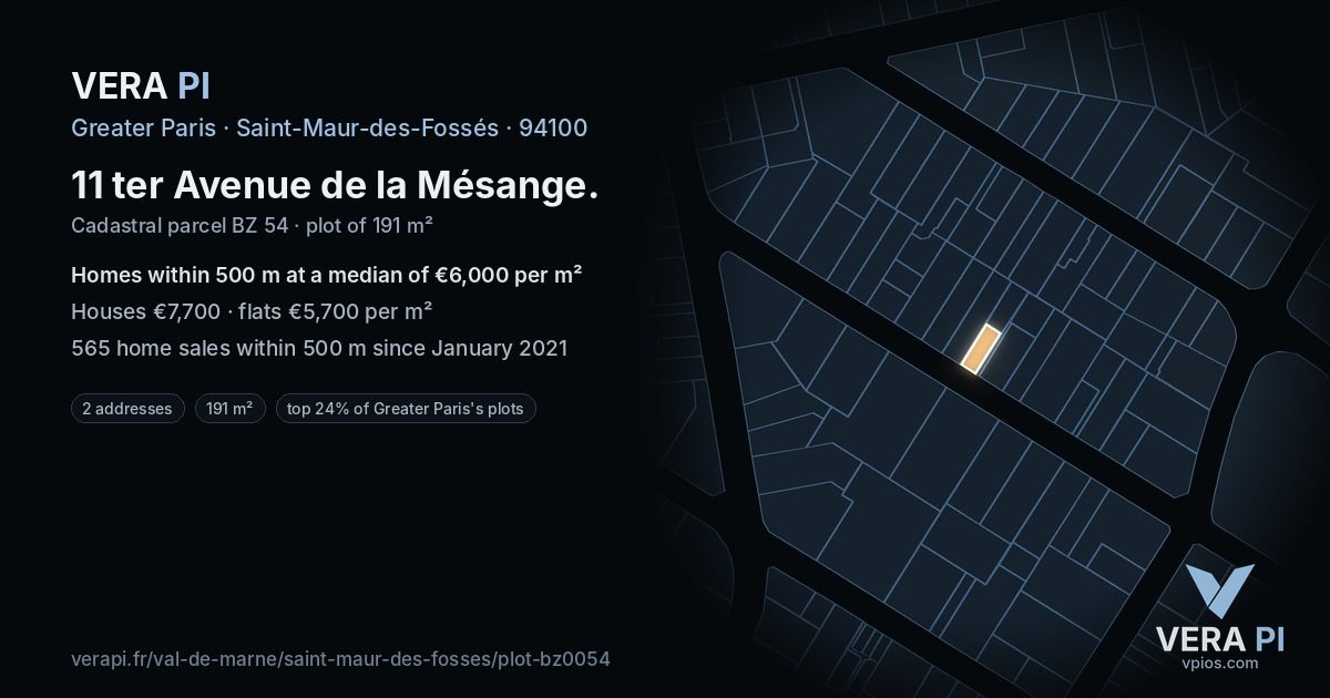 11 ter Avenue de la Mésange, Saint-Maur-des-Fossés at night – the plot lit, the parcels around coloured by the prices near them