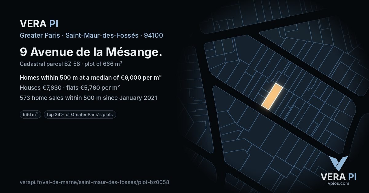 9 Avenue de la Mésange, Saint-Maur-des-Fossés at night – the plot lit, the parcels around coloured by the prices near them