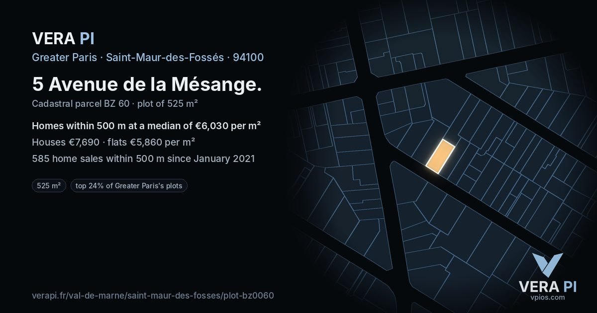 5 Avenue de la Mésange, Saint-Maur-des-Fossés at night – the plot lit, the parcels around coloured by the prices near them