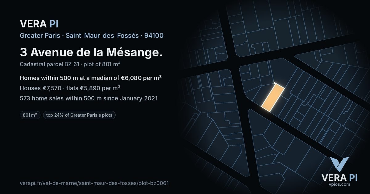 3 Avenue de la Mésange, Saint-Maur-des-Fossés at night – the plot lit, the parcels around coloured by the prices near them