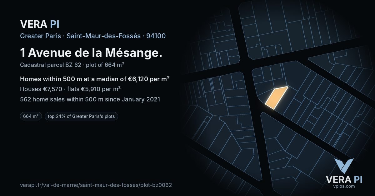 1 Avenue de la Mésange, Saint-Maur-des-Fossés at night – the plot lit, the parcels around coloured by the prices near them