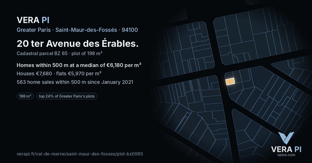 20 ter Avenue des Érables, Saint-Maur-des-Fossés at night – the plot lit, the parcels around coloured by the prices near them