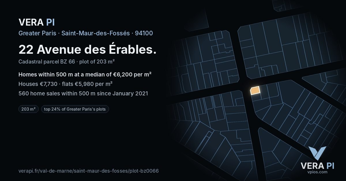 22 Avenue des Érables, Saint-Maur-des-Fossés at night – the plot lit, the parcels around coloured by the prices near them