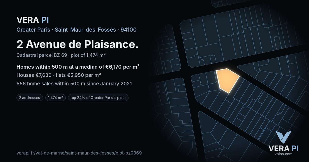 2 Avenue de Plaisance, Saint-Maur-des-Fossés at night – the plot lit, the parcels around coloured by the prices near them