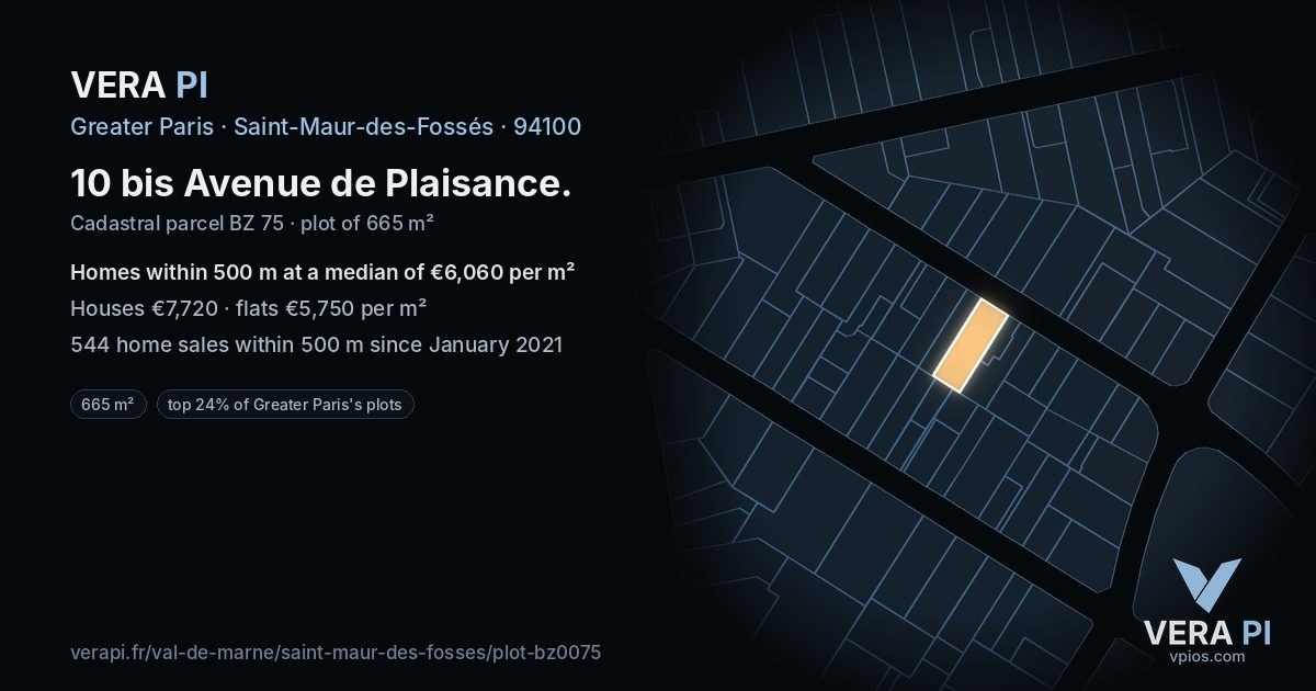10 bis Avenue de Plaisance, Saint-Maur-des-Fossés at night – the plot lit, the parcels around coloured by the prices near them