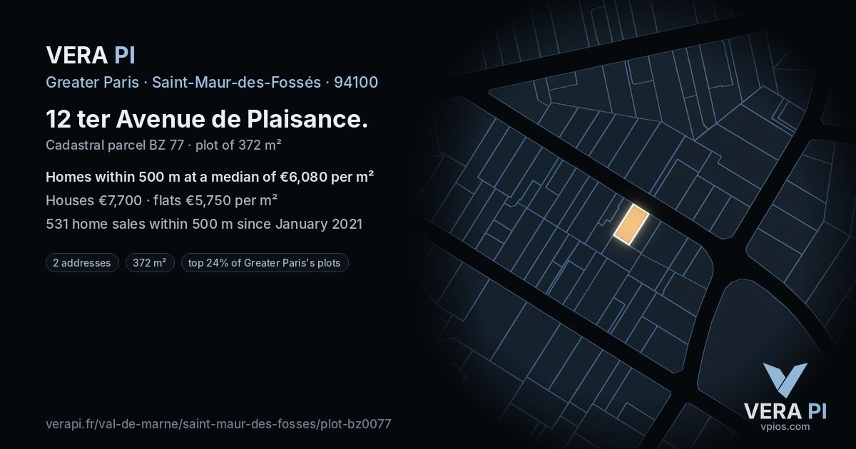 12 ter Avenue de Plaisance, Saint-Maur-des-Fossés at night – the plot lit, the parcels around coloured by the prices near them