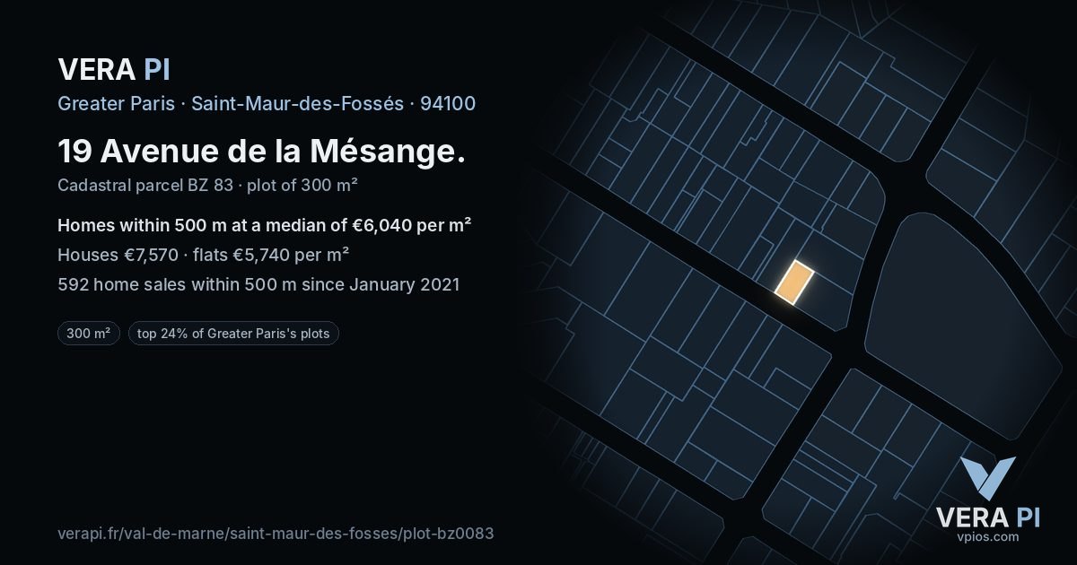 19 Avenue de la Mésange, Saint-Maur-des-Fossés at night – the plot lit, the parcels around coloured by the prices near them