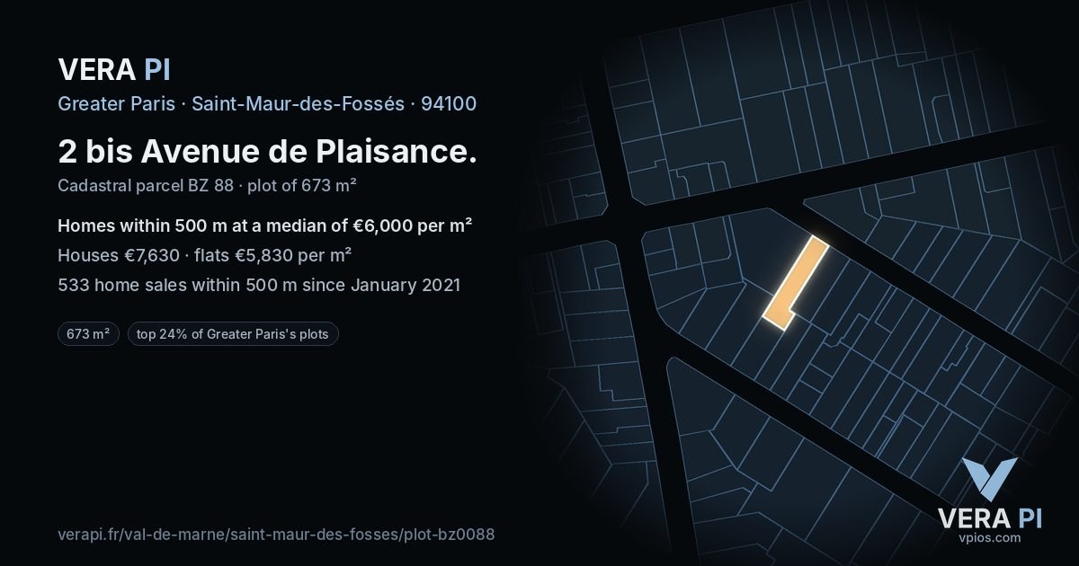 2 bis Avenue de Plaisance, Saint-Maur-des-Fossés at night – the plot lit, the parcels around coloured by the prices near them