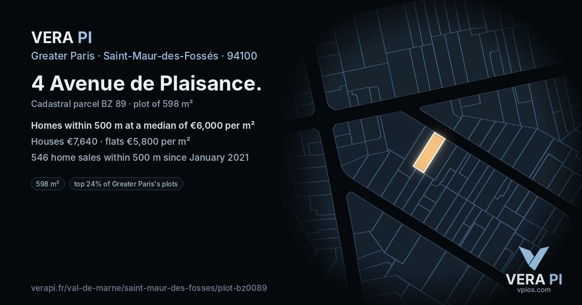 4 Avenue de Plaisance, Saint-Maur-des-Fossés at night – the plot lit, the parcels around coloured by the prices near them