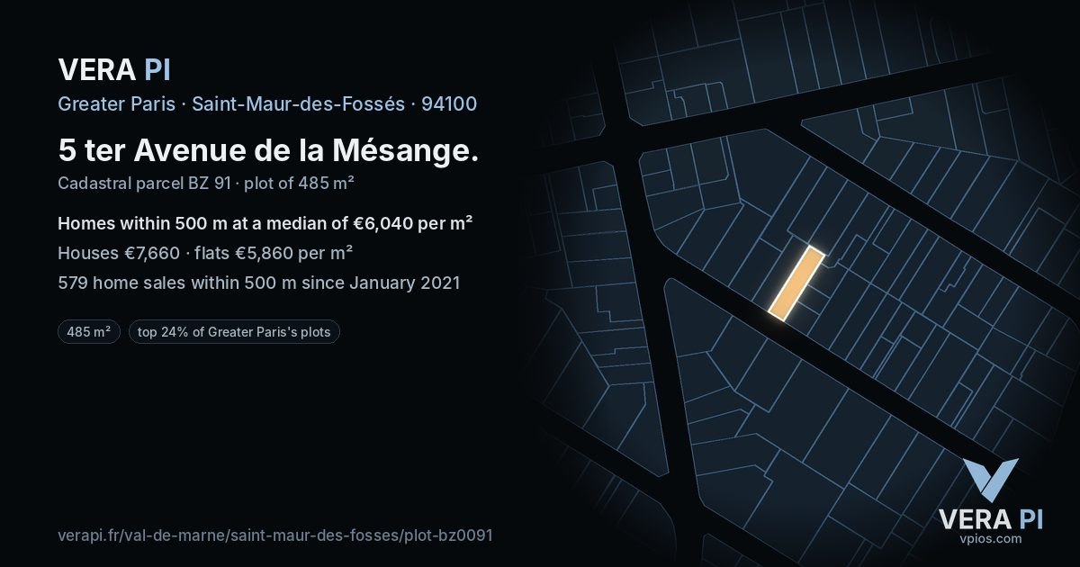 5 ter Avenue de la Mésange, Saint-Maur-des-Fossés at night – the plot lit, the parcels around coloured by the prices near them