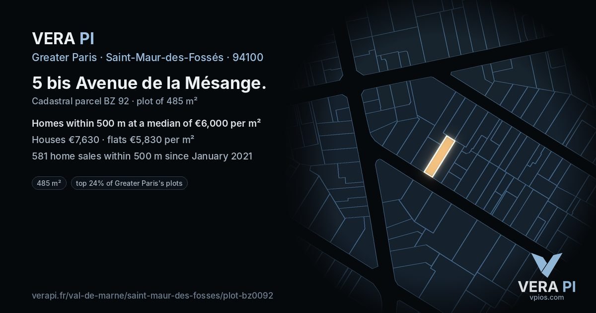 5 bis Avenue de la Mésange, Saint-Maur-des-Fossés at night – the plot lit, the parcels around coloured by the prices near them