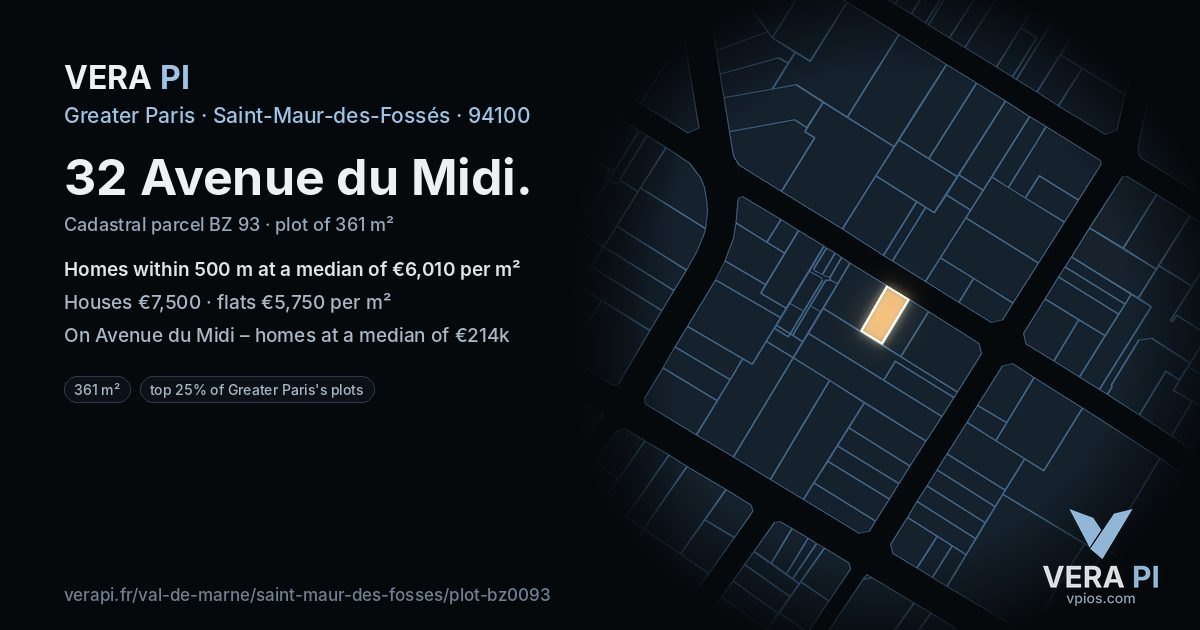 32 Avenue du Midi, Saint-Maur-des-Fossés at night – the plot lit, the parcels around coloured by the prices near them