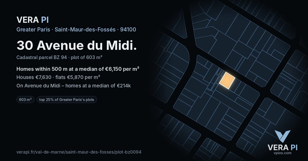 30 Avenue du Midi, Saint-Maur-des-Fossés at night – the plot lit, the parcels around coloured by the prices near them