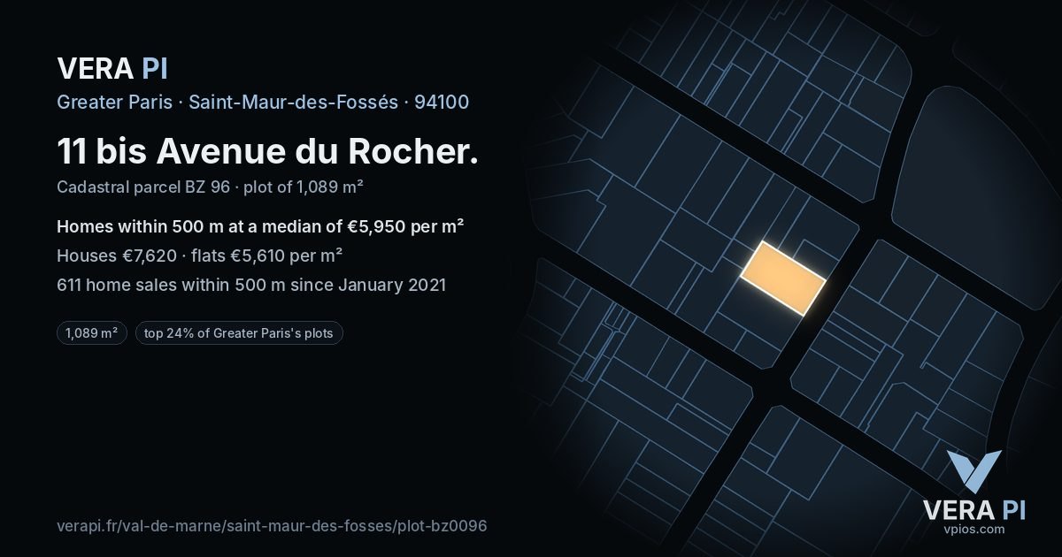 11 bis Avenue du Rocher, Saint-Maur-des-Fossés at night – the plot lit, the parcels around coloured by the prices near them
