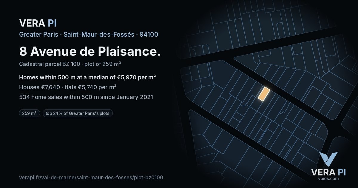 8 Avenue de Plaisance, Saint-Maur-des-Fossés at night – the plot lit, the parcels around coloured by the prices near them