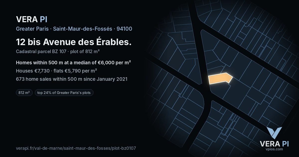 12 bis Avenue des Érables, Saint-Maur-des-Fossés at night – the plot lit, the parcels around coloured by the prices near them