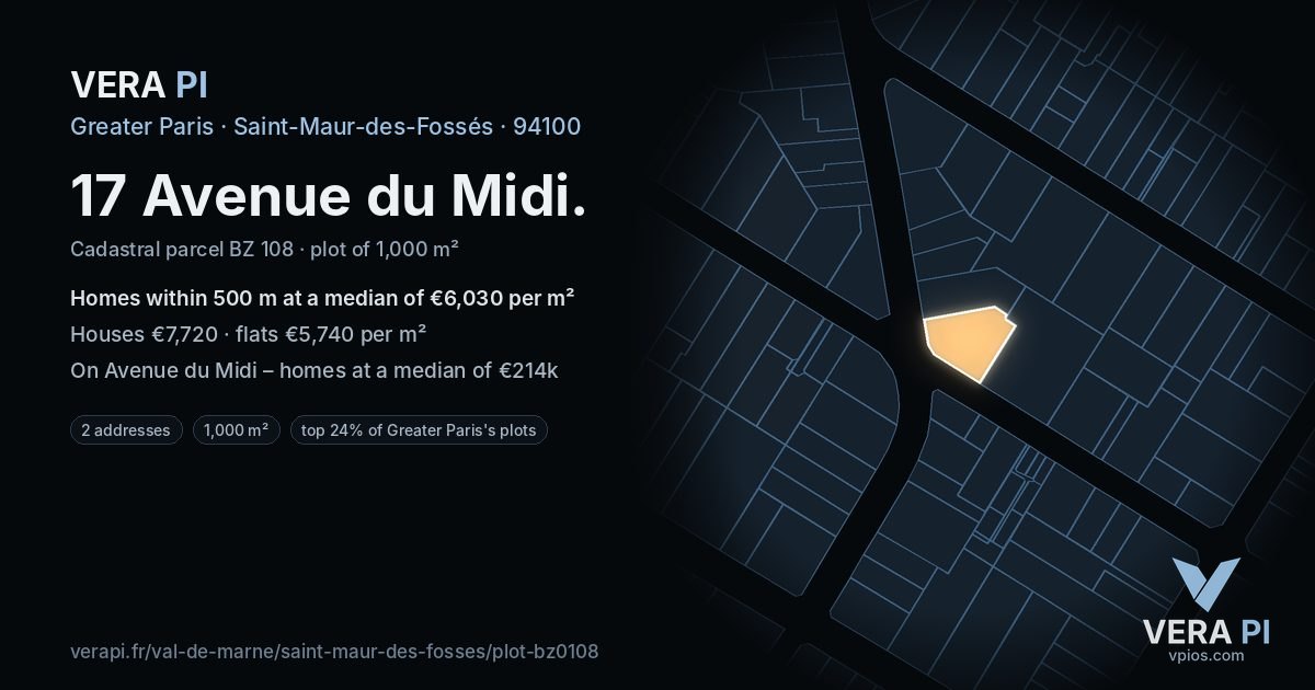 17 Avenue du Midi, Saint-Maur-des-Fossés at night – the plot lit, the parcels around coloured by the prices near them