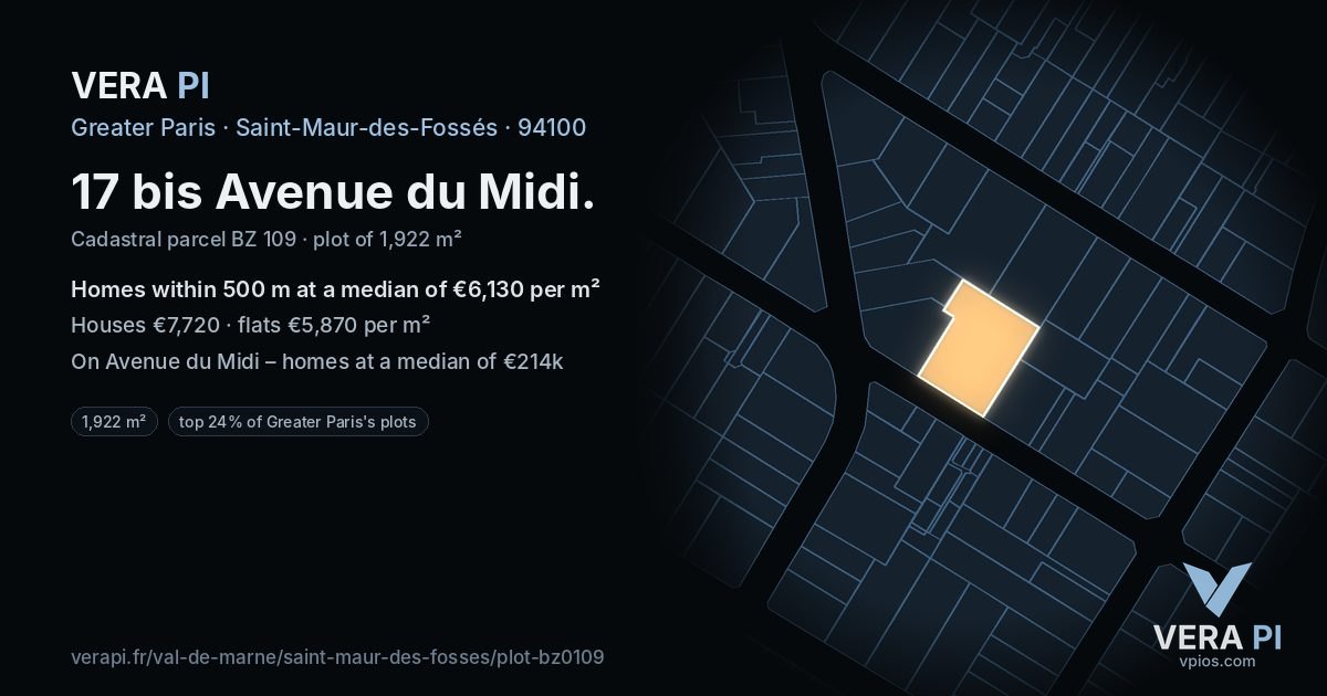 17 bis Avenue du Midi, Saint-Maur-des-Fossés at night – the plot lit, the parcels around coloured by the prices near them
