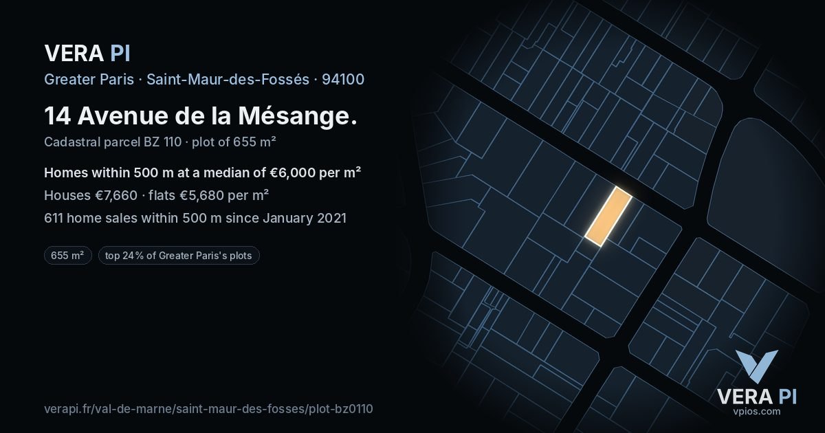 14 Avenue de la Mésange, Saint-Maur-des-Fossés at night – the plot lit, the parcels around coloured by the prices near them