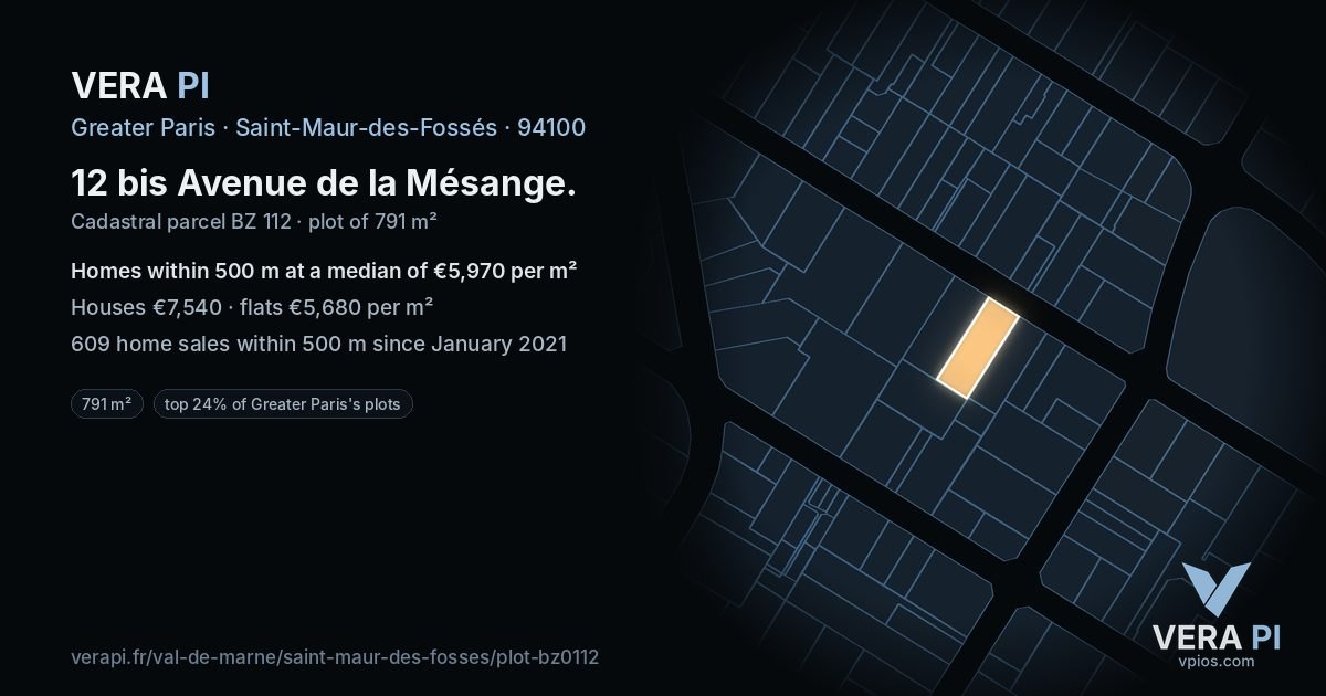 12 bis Avenue de la Mésange, Saint-Maur-des-Fossés at night – the plot lit, the parcels around coloured by the prices near them