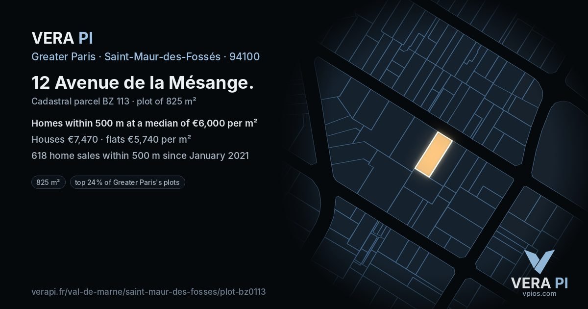 12 Avenue de la Mésange, Saint-Maur-des-Fossés at night – the plot lit, the parcels around coloured by the prices near them