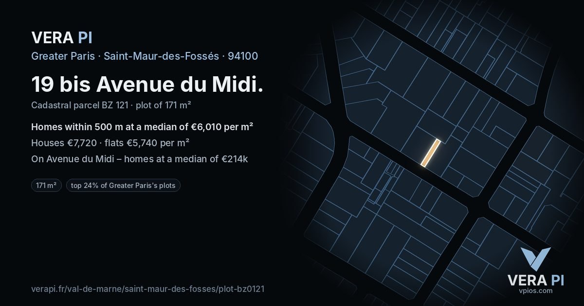19 bis Avenue du Midi, Saint-Maur-des-Fossés at night – the plot lit, the parcels around coloured by the prices near them
