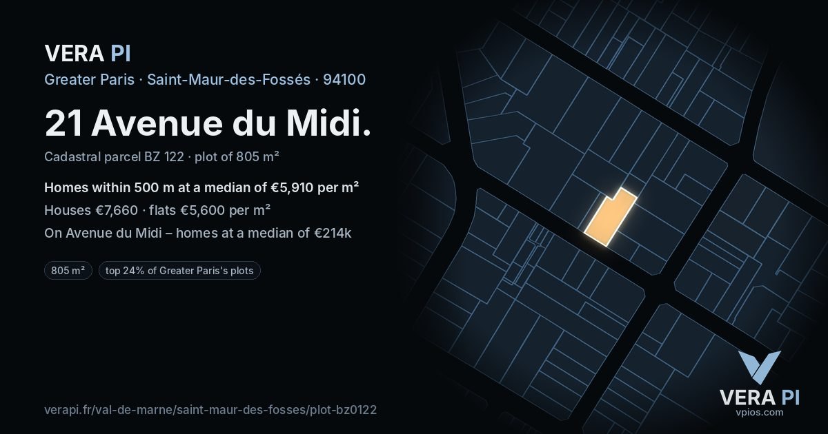 21 Avenue du Midi, Saint-Maur-des-Fossés at night – the plot lit, the parcels around coloured by the prices near them