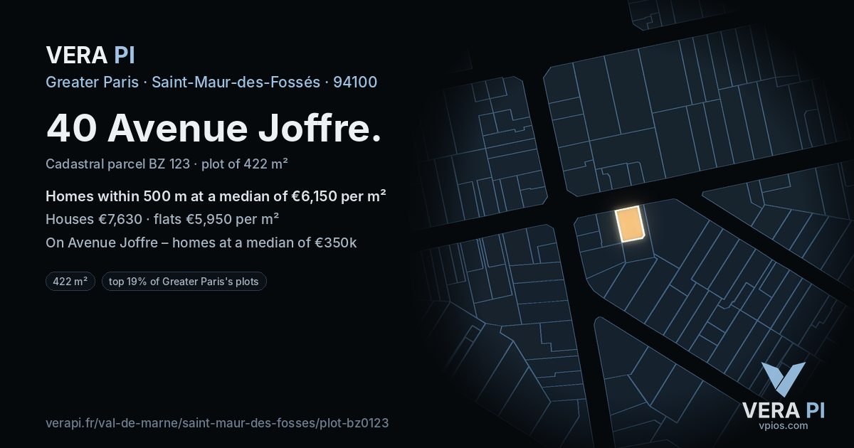 40 Avenue Joffre, Saint-Maur-des-Fossés at night – the plot lit, the parcels around coloured by the prices near them