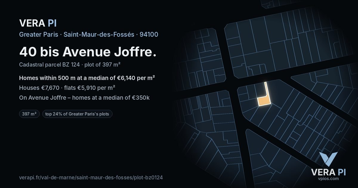 40 bis Avenue Joffre, Saint-Maur-des-Fossés at night – the plot lit, the parcels around coloured by the prices near them