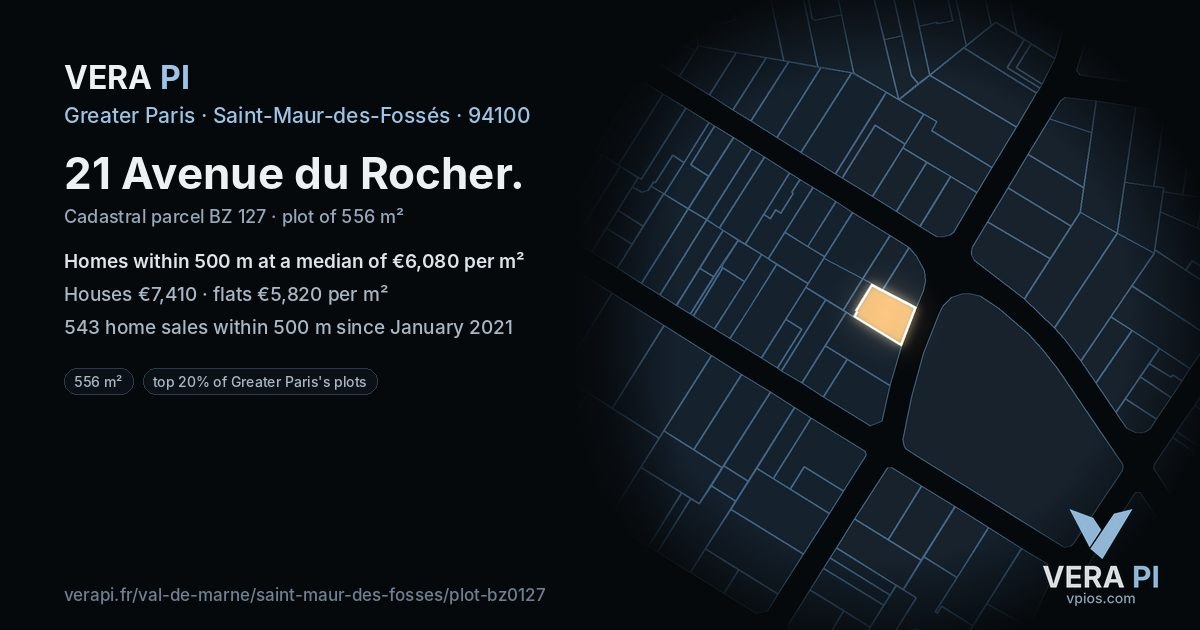 21 Avenue du Rocher, Saint-Maur-des-Fossés at night – the plot lit, the parcels around coloured by the prices near them