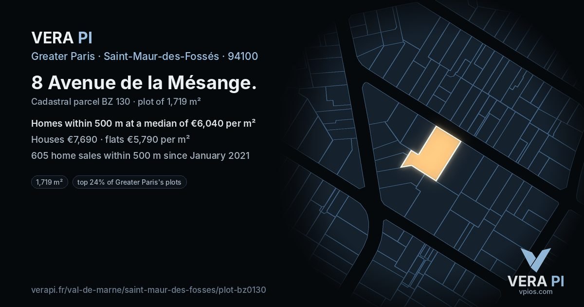 8 Avenue de la Mésange, Saint-Maur-des-Fossés at night – the plot lit, the parcels around coloured by the prices near them
