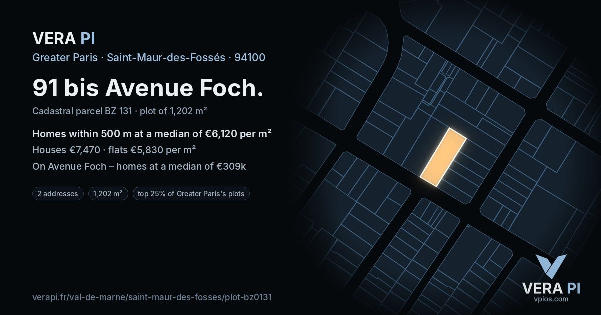 91 bis Avenue Foch, Saint-Maur-des-Fossés at night – the plot lit, the parcels around coloured by the prices near them