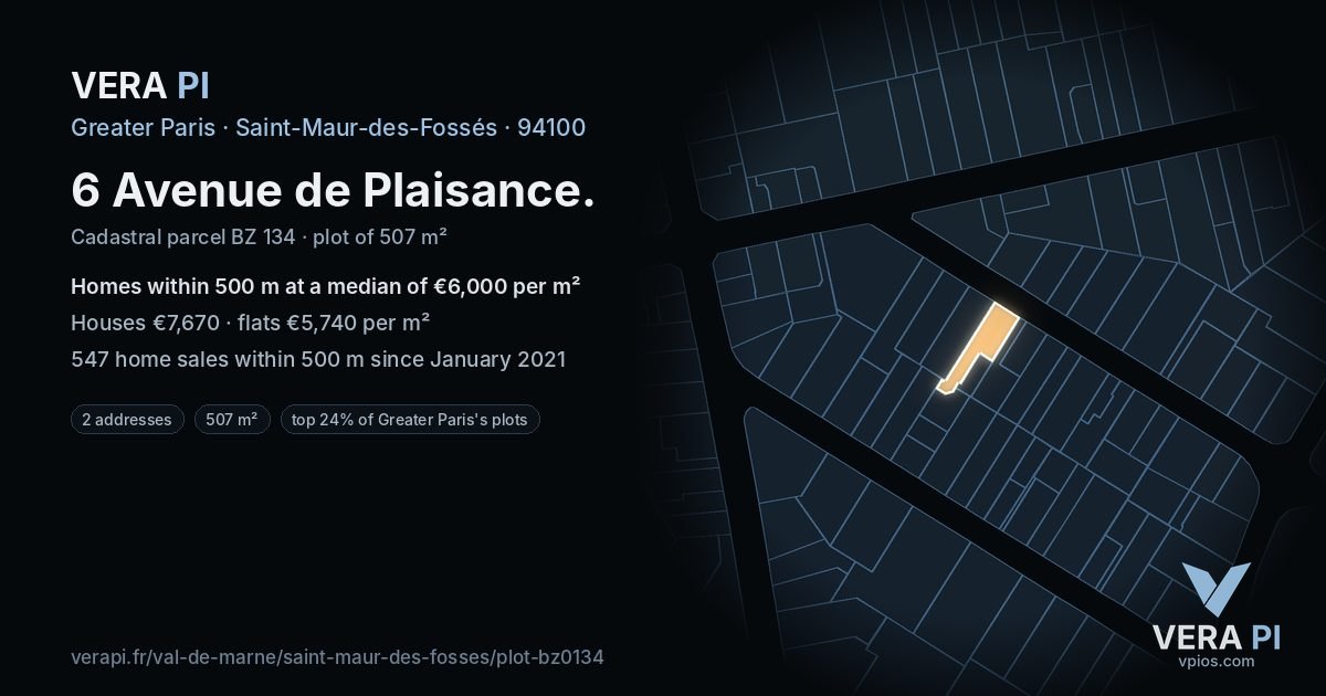 6 Avenue de Plaisance, Saint-Maur-des-Fossés at night – the plot lit, the parcels around coloured by the prices near them