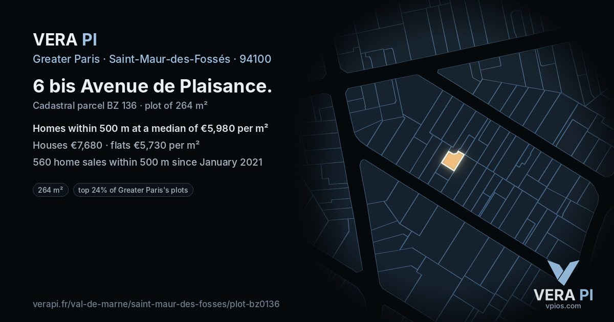 6 bis Avenue de Plaisance, Saint-Maur-des-Fossés at night – the plot lit, the parcels around coloured by the prices near them
