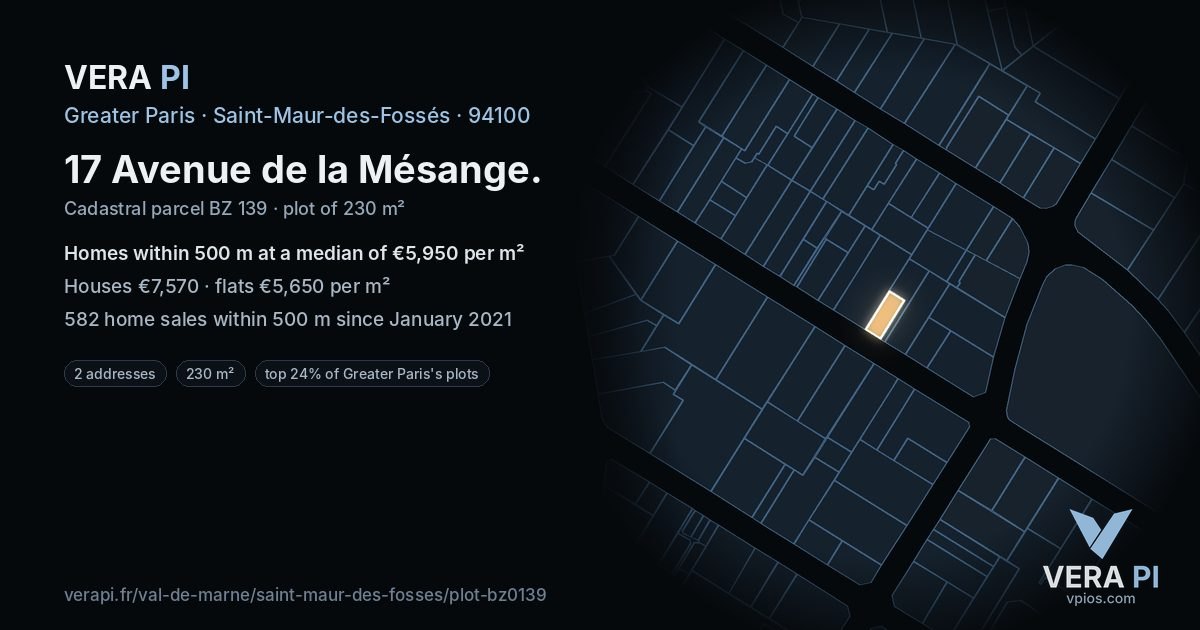 17 Avenue de la Mésange, Saint-Maur-des-Fossés at night – the plot lit, the parcels around coloured by the prices near them