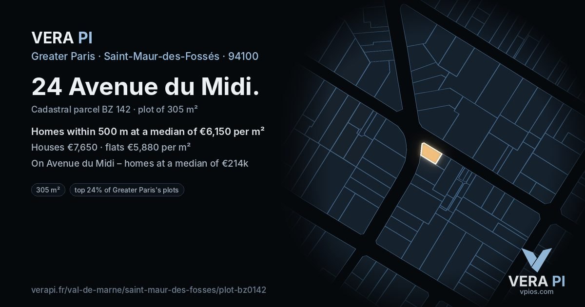 24 Avenue du Midi, Saint-Maur-des-Fossés at night – the plot lit, the parcels around coloured by the prices near them