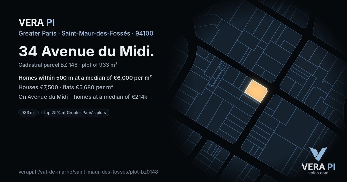 34 Avenue du Midi, Saint-Maur-des-Fossés at night – the plot lit, the parcels around coloured by the prices near them