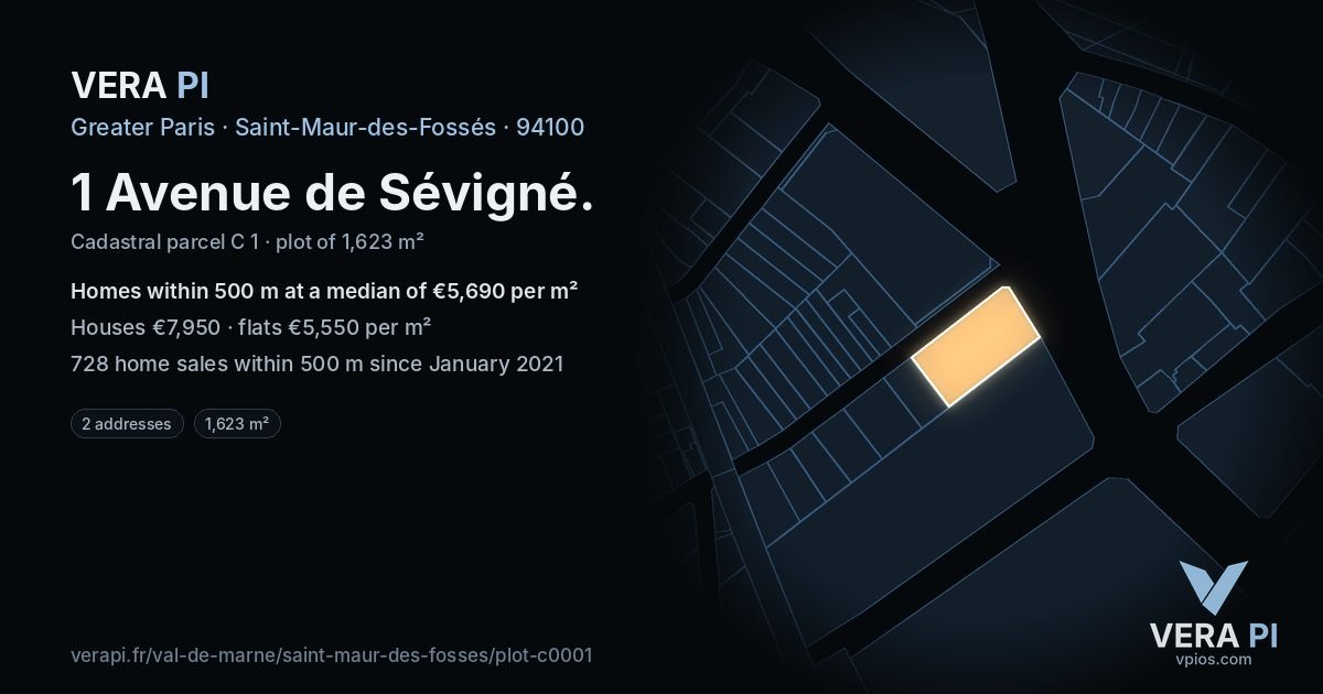 1 Avenue de Sévigné, Saint-Maur-des-Fossés at night – the plot lit, the parcels around coloured by the prices near them