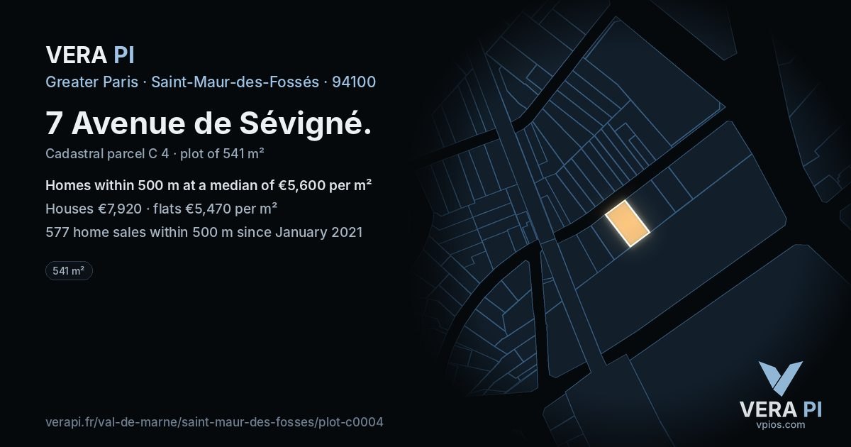 7 Avenue de Sévigné, Saint-Maur-des-Fossés at night – the plot lit, the parcels around coloured by the prices near them