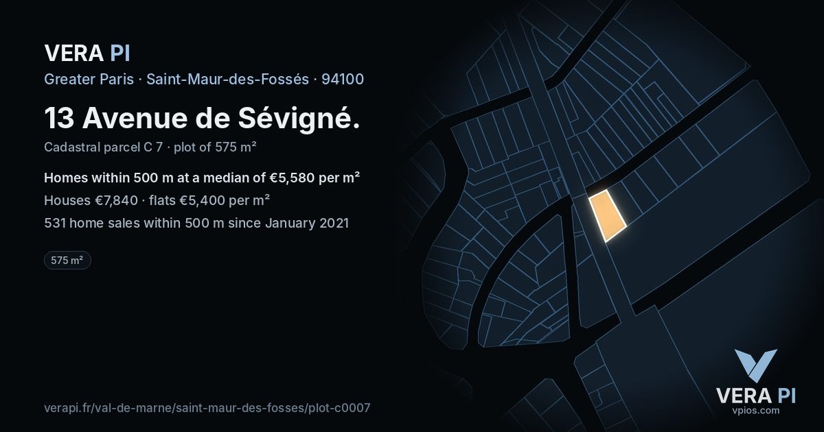 13 Avenue de Sévigné, Saint-Maur-des-Fossés at night – the plot lit, the parcels around coloured by the prices near them